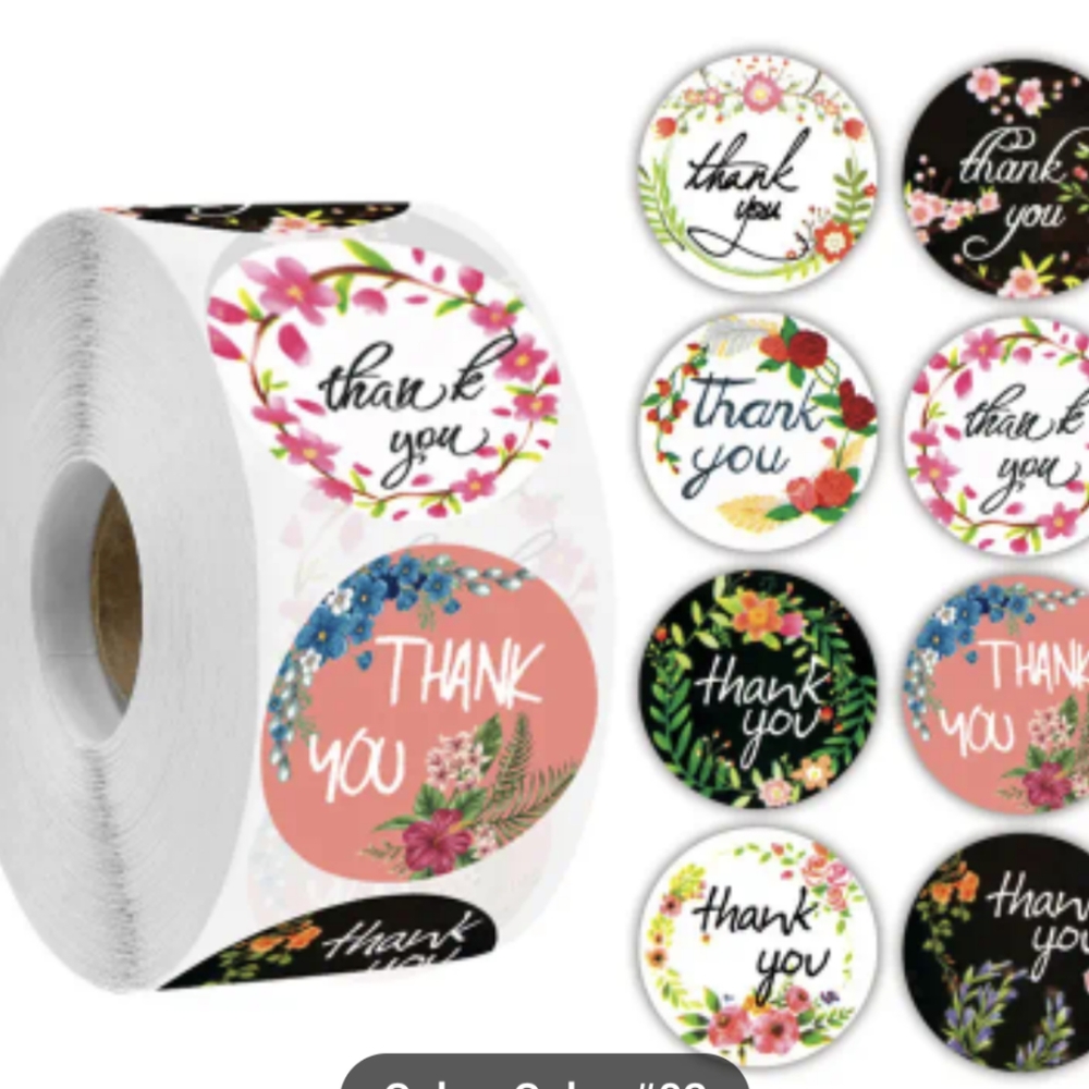 Brand New 500 piece circular sticker roll 8 different pink black white thank you